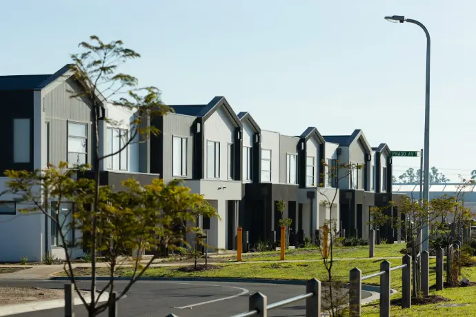 Row of modern houses with unique designs.